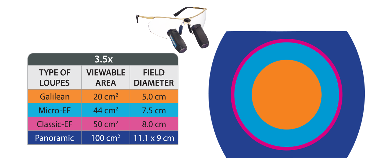 Originalgrafik von Designs for Vision bei 3,5-facher Vergrößerung: Galilean 20 Quadratzentimeter und 5 Zentimeter Durchmesser; Micro-EF 44 Quadratzentimeter und 7,5 Zentimeter Durchmesser; Classic-EF 50 Quadratzentimeter und 8 Zentimeter Durchmesser; Panoramic 100 Quadratzentimeter und 11,1 mal 9 Zentimeter Breite und Höhe.