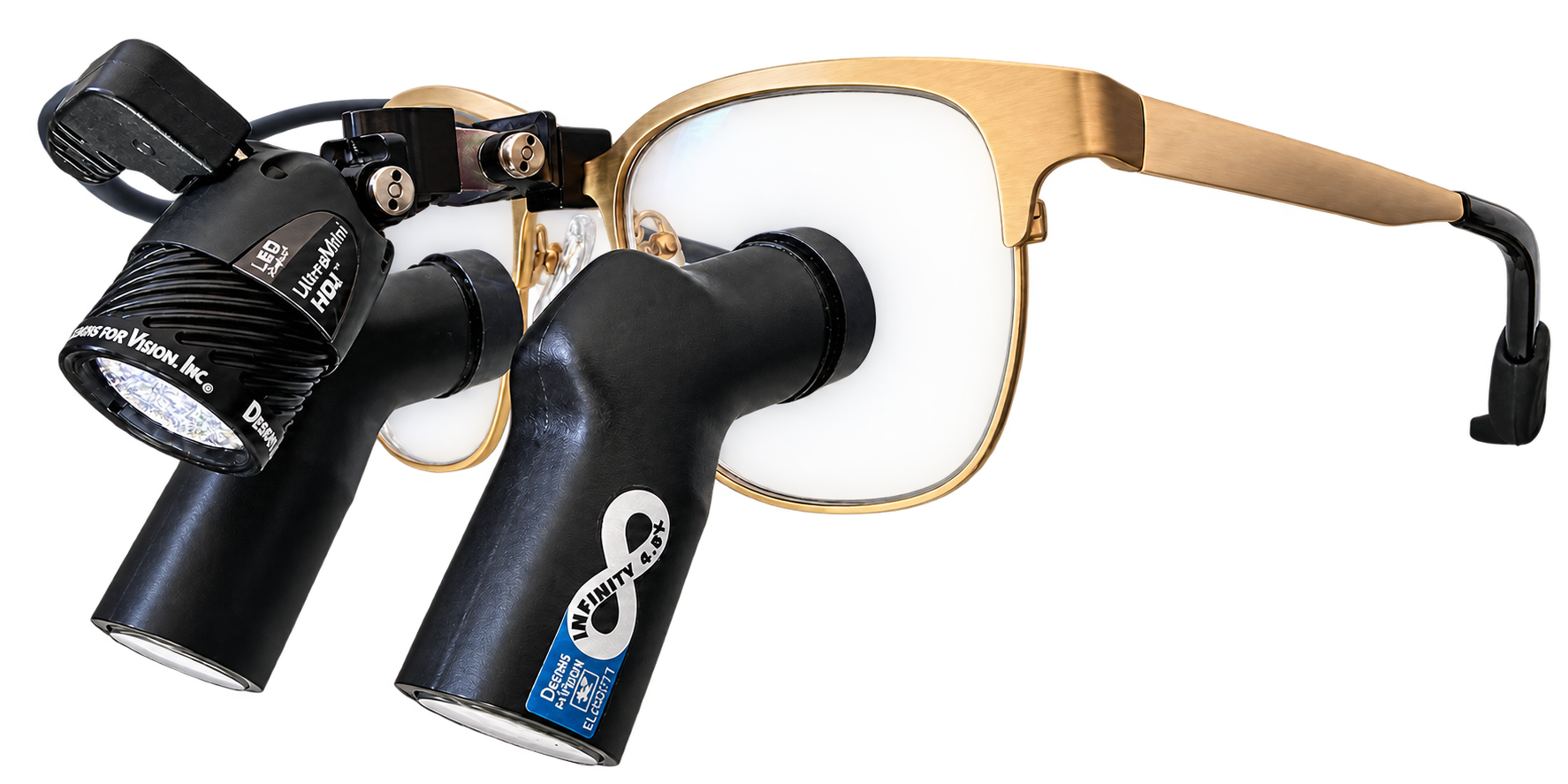Freigestellte Ergo Lupenbrille mit goldenem SteamVUE-Rahmen, abgewinkelter 4,5-facher InfinityVUE-Optik und LED UltraMini HDi-Beleuchtung