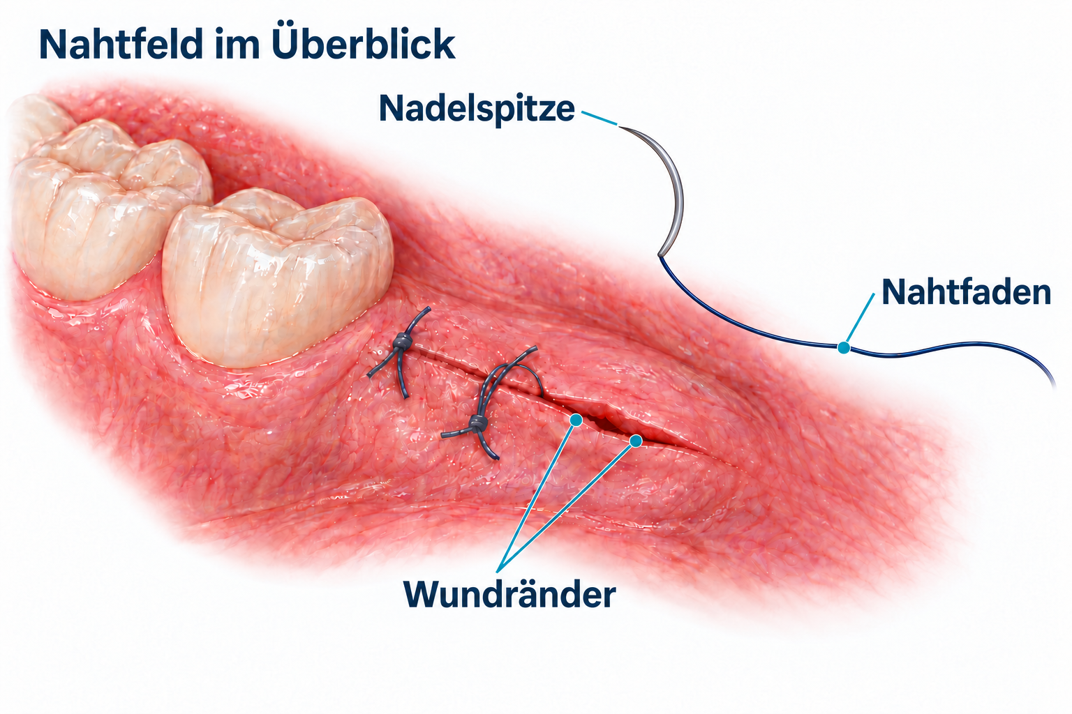 Schematisches intraorales Nahtfeld mit Nadelspitze, Nahtfaden und Wundrändern.